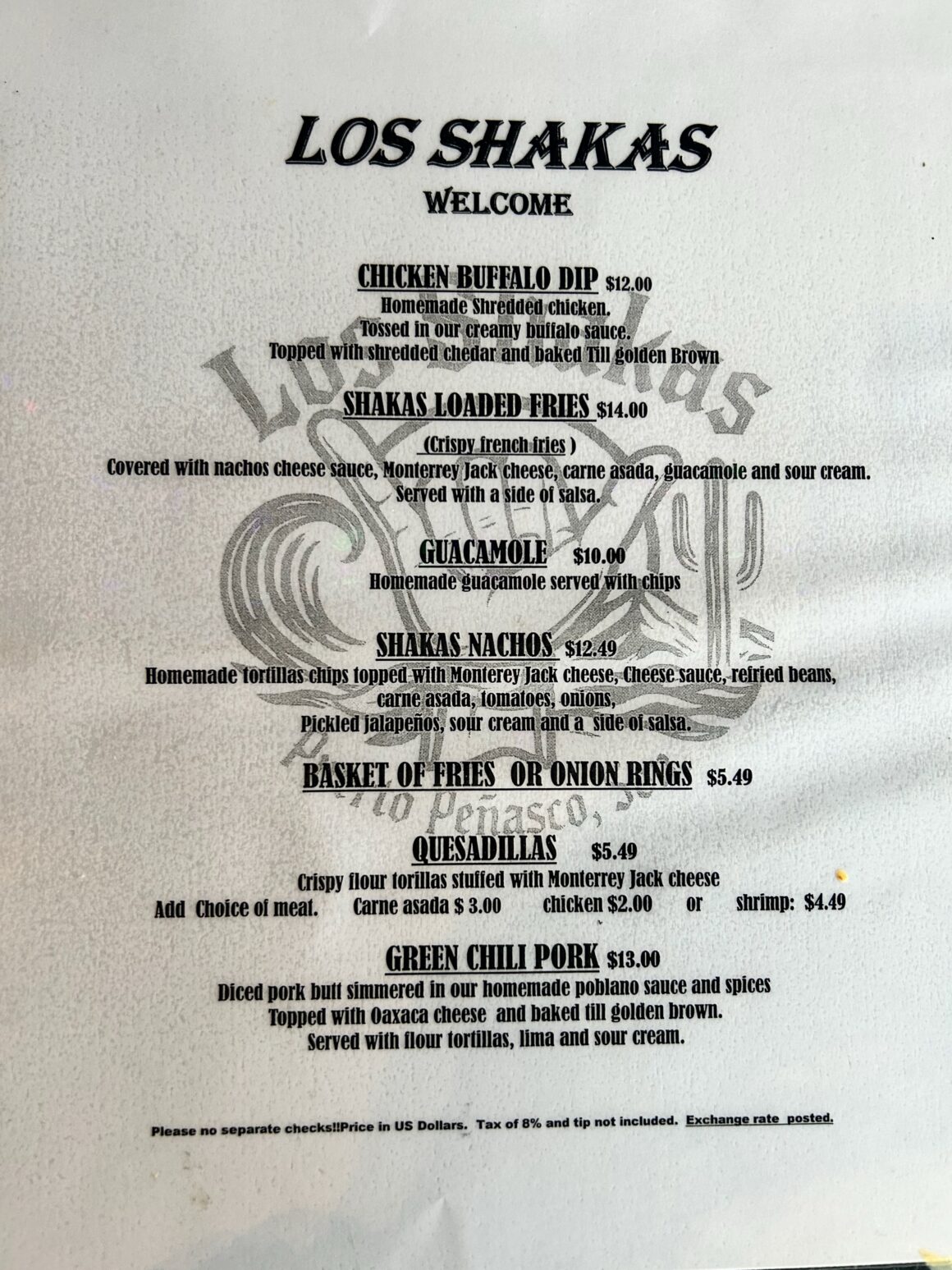Los Shakas, Puerto Penasco Rocky Point Menu