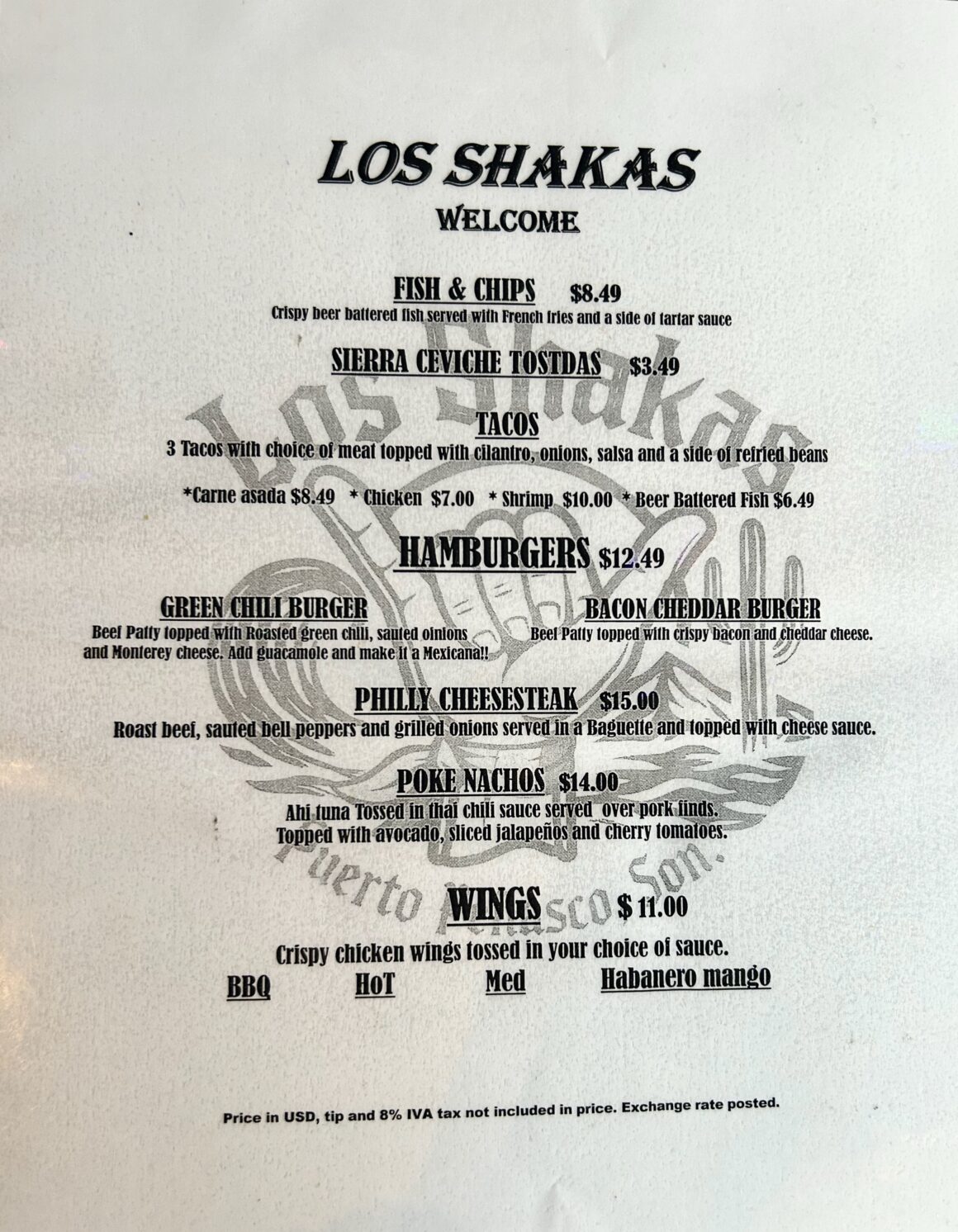 Los Shakas, Puerto Penasco Rocky Point Menu